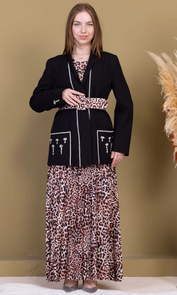 Leopar Desenli Ceketli Üçlü Takım 4715-Siyah