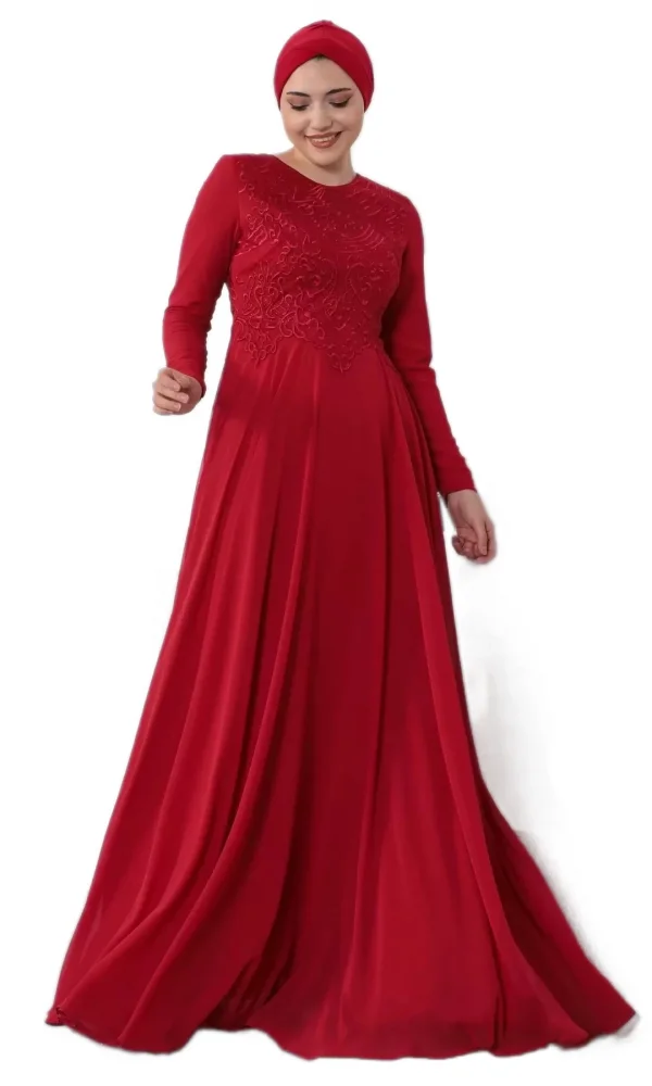 Nakış Detaylı Tesettür Abiye Elbise 688-Kırmızı