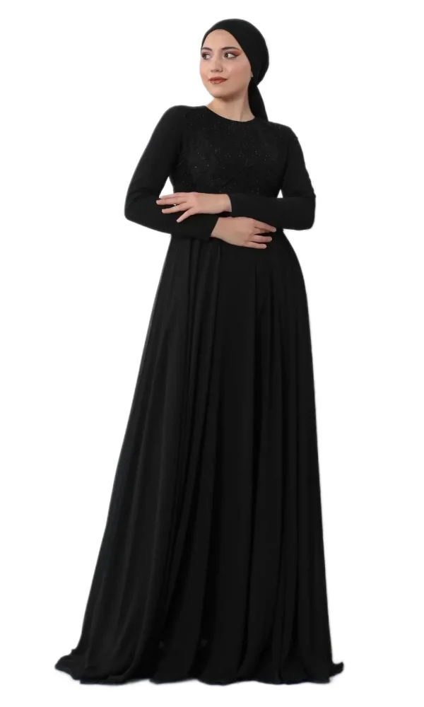 Nakış Detaylı Tesettür Abiye Elbise 688-Siyah