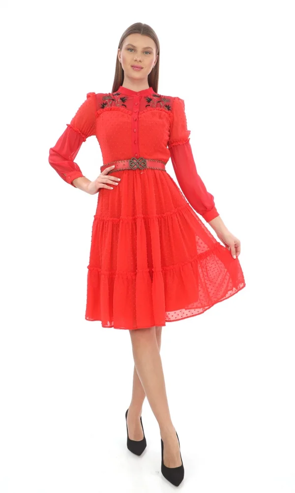 Nakış Ve Kemer Detaylı Elbise 1776-Narçiçeği