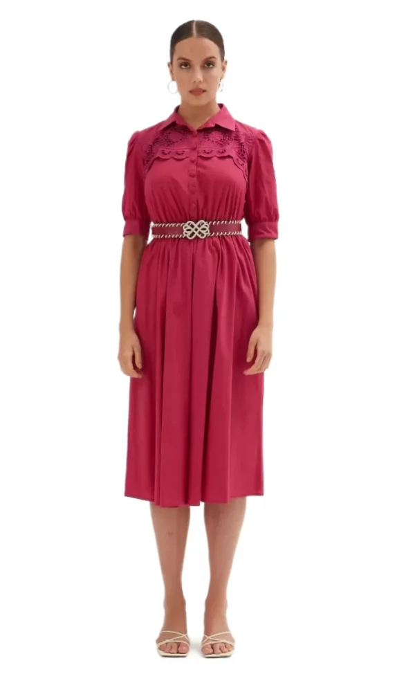 Nakış Ve Kemer Detaylı Poplin Elbise 1778-Fuşya