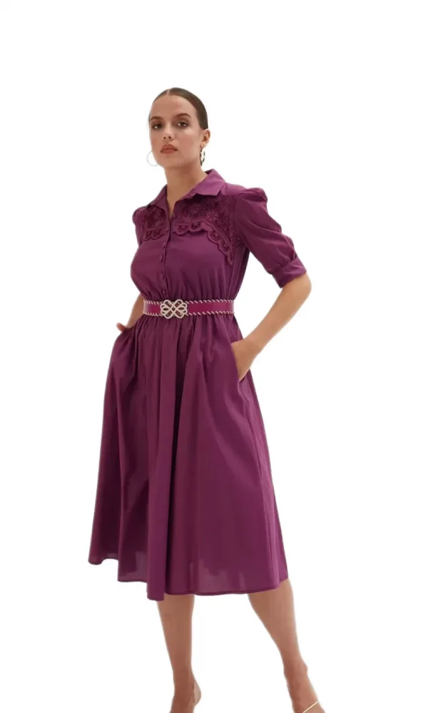 Nakış Ve Kemer Detaylı Poplin Elbise 1778-Mor