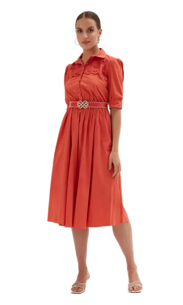 Nakış Ve Kemer Detaylı Poplin Elbise 1778-Oranj