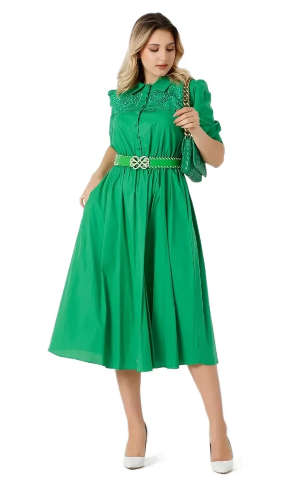 Nakış Ve Kemer Detaylı Poplin Elbise 1778-Yeşil
