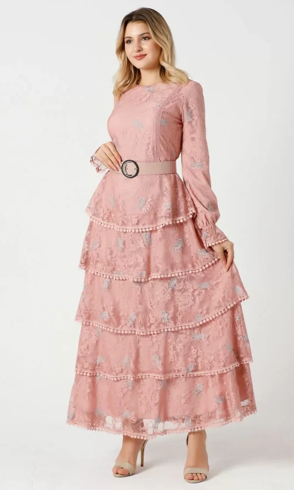 Nakışlı Kat Kat Dantel Elbise 744-Pudra (Kemer Dahil Değildir)