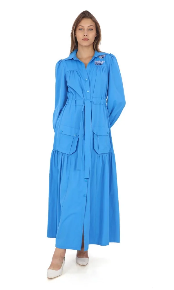 Omuz Çiçekli Bağlama Detaylı Çıtçıtlı Pamuk Elbise 2709-Mavi