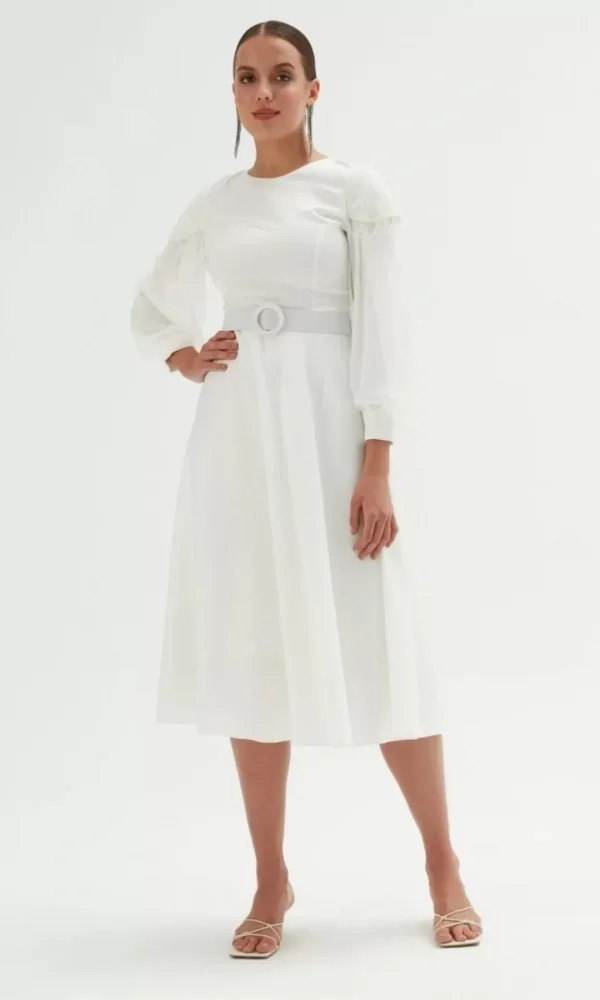 Omuz Detaylı Saten Elbise 695-Beyaz