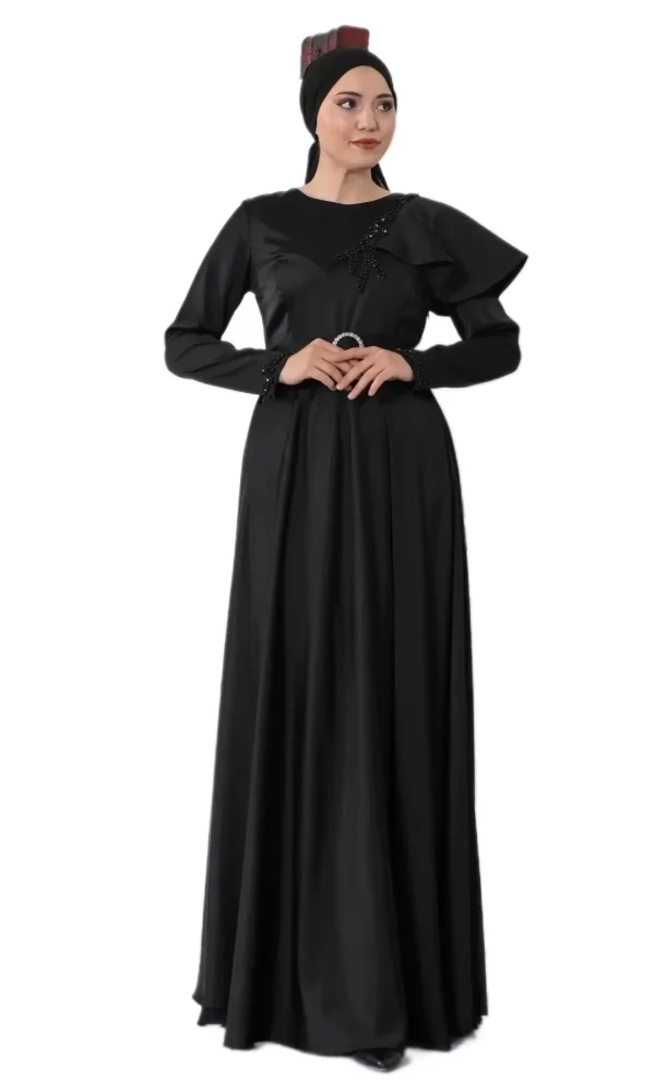Omuz Detaylı Tesettür Abiye Elbise 701-Siyah