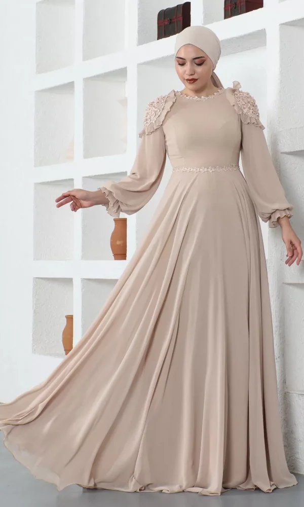 Omuz Detaylı Tesettür Abiye Elbise 727-Bej