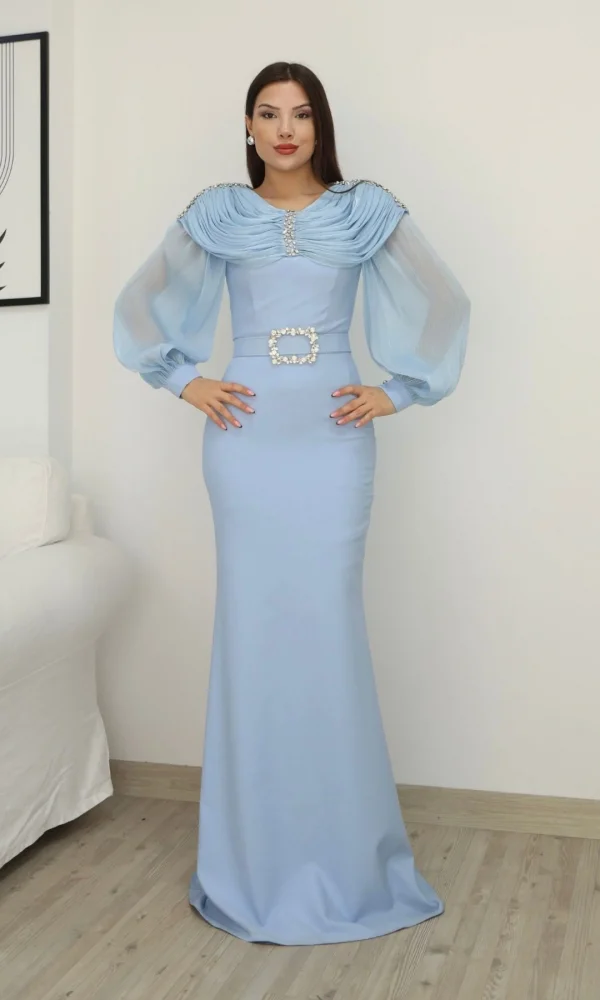 Omuz Drapeli Abiye Elbise 2314-Bebe Mavisi