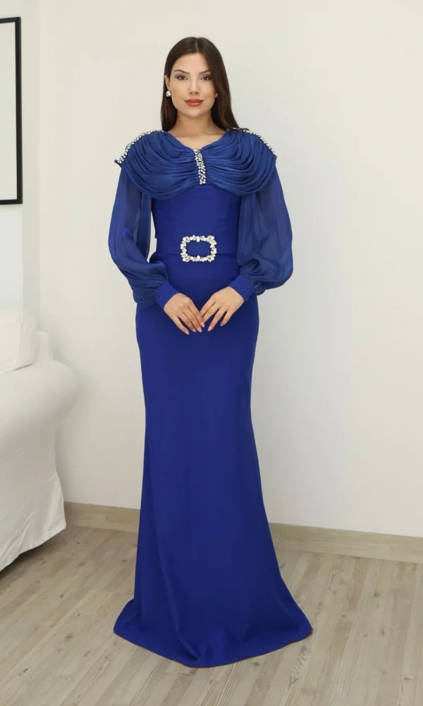 Omuz Drapeli Abiye Elbise 2314-Saks