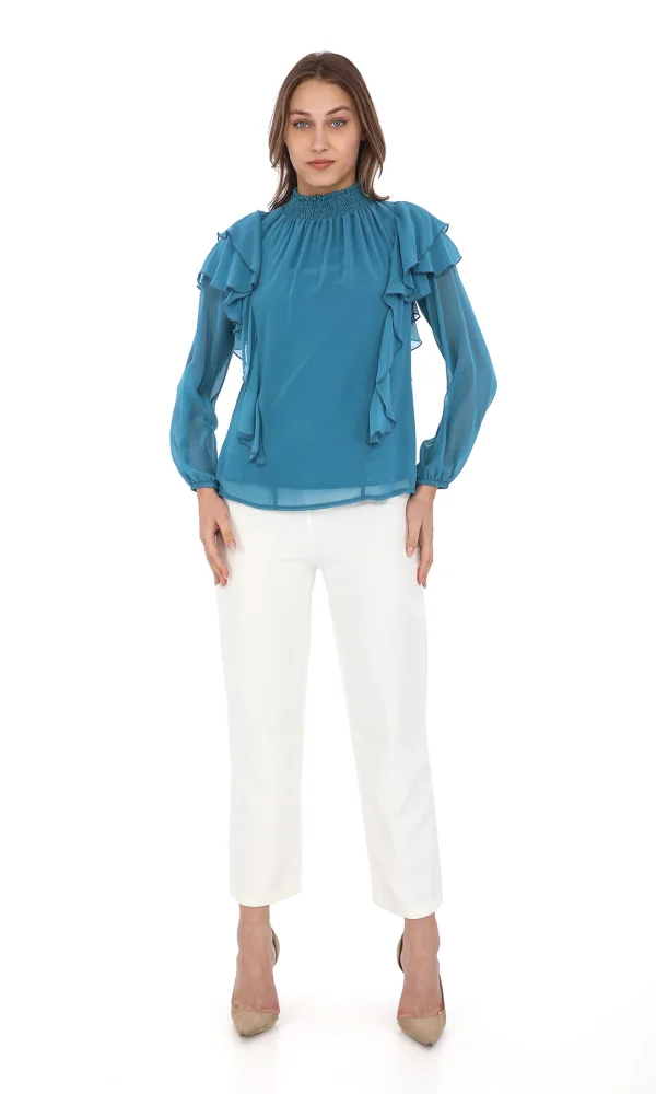 Omuz Fırfırlı Yaka Gipeli Şifon Bluz 6001-İndigo