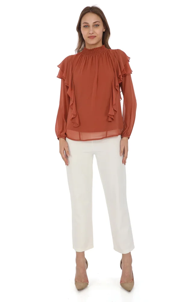 Omuz Fırfırlı Yaka Gipeli Şifon Bluz 6001-Taba