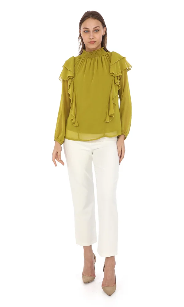 Omuz Fırfırlı Yaka Gipeli Şifon Bluz 6001-Yağ Yeşili