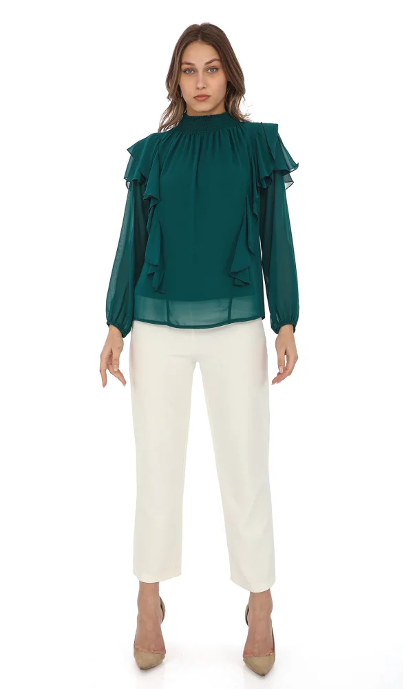 Omuz Fırfırlı Yaka Gipeli Şifon Bluz 6001-Zümrüt Yeşili