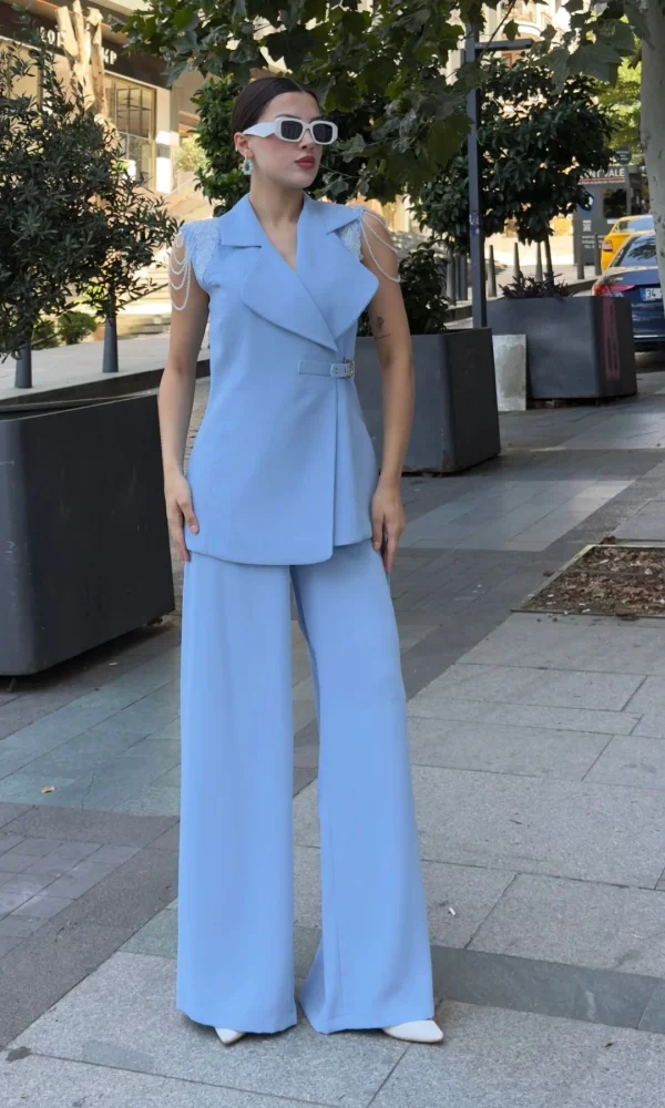 Omuz İşleme Detaylı Asimetrik Abiye Takım 2389-Mavi