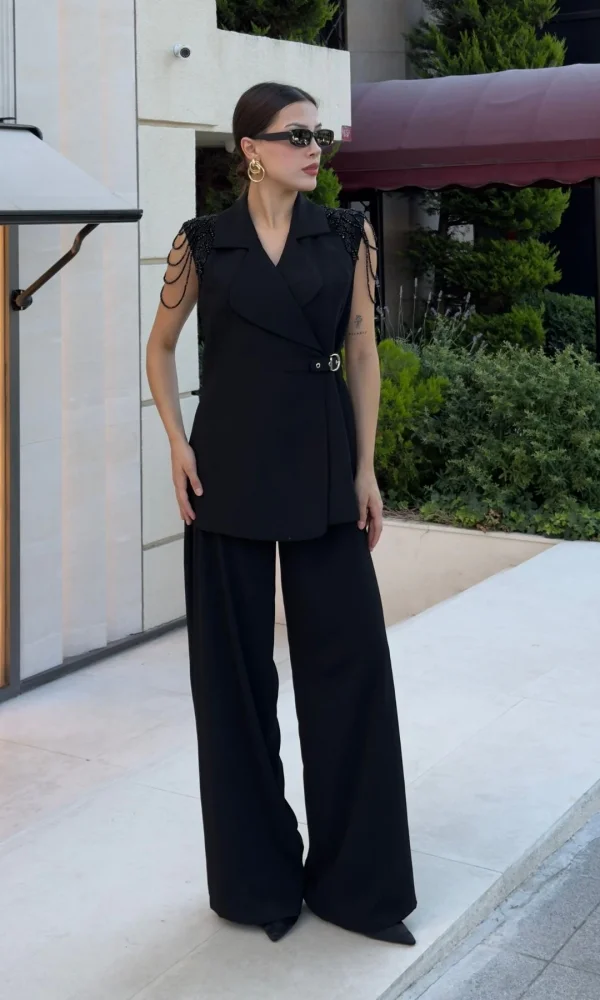 Omuz İşleme Detaylı Asimetrik Abiye Takım 2389-Siyah