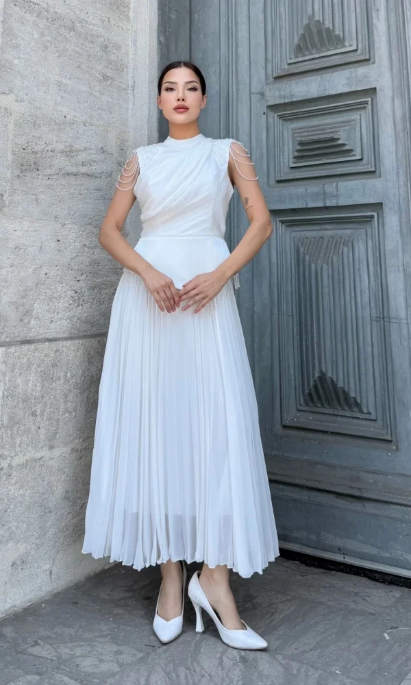 Omuz İşlemeli Pliseli Abiye Elbise 2385-Beyaz