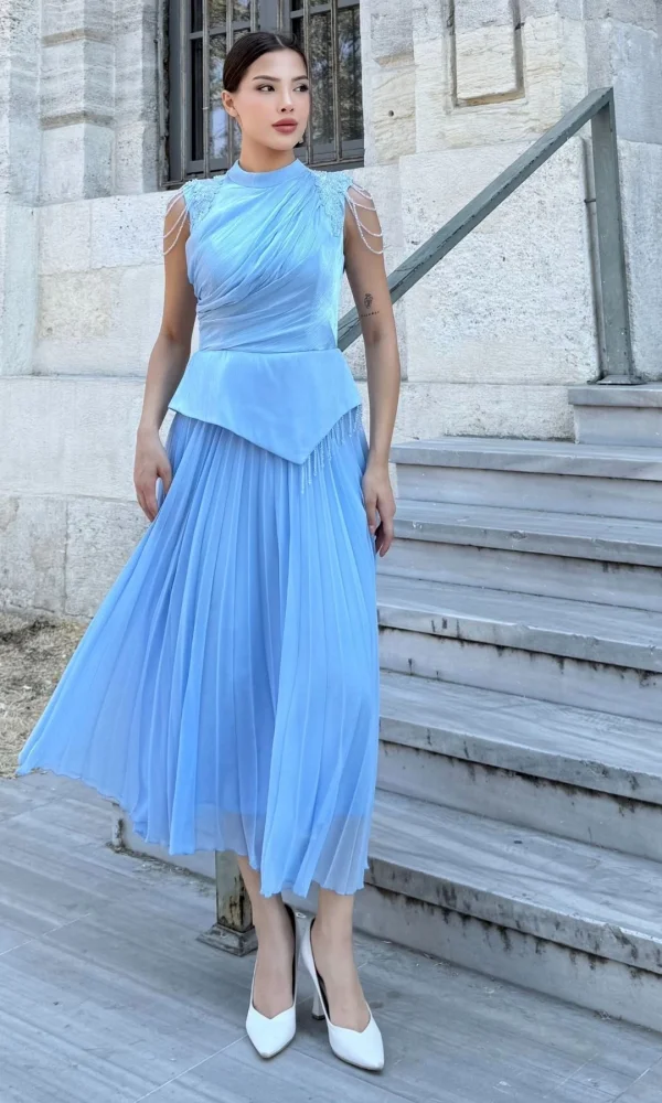 Omuz İşlemeli Pliseli Abiye Elbise 2385-Bebe Mavisi