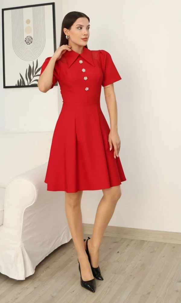 Omuz Tül Detaylı Gömlek Yaka Midi Elbise 2327-Kırmızı