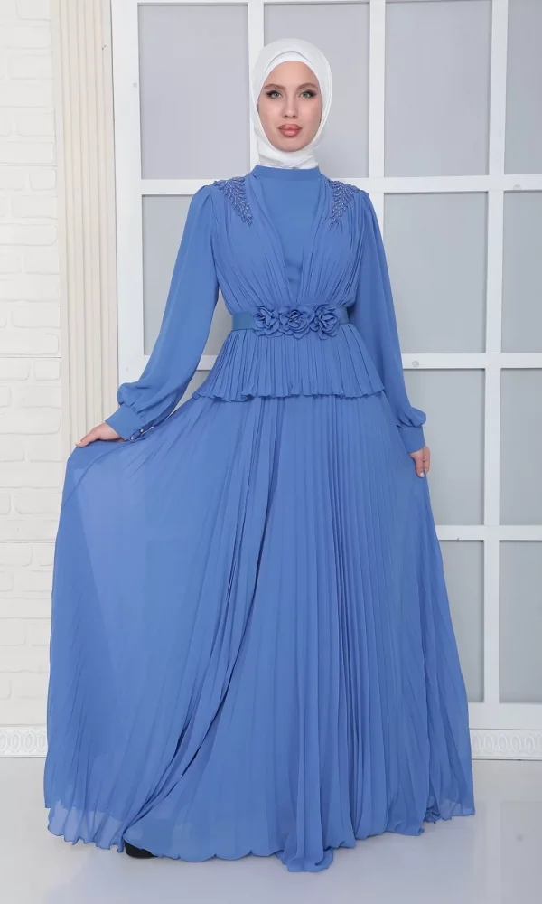 Omuz Ve Kemer Detaylı Pliseli Tesettür Abiye Elbise 816-İndigo