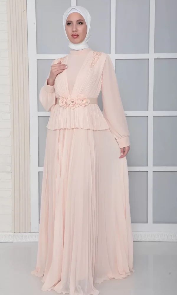 Omuz Ve Kemer Detaylı Pliseli Tesettür Abiye Elbise 816-Pudra