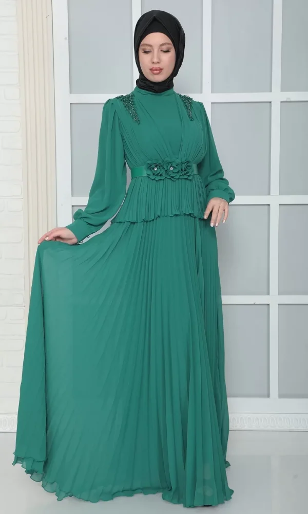 Omuz Ve Kemer Detaylı Pliseli Tesettür Abiye Elbise 816-Yeşil