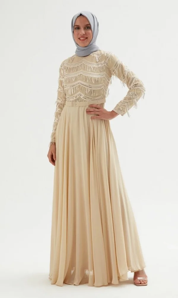 Payetli Abiye Elbise 718-Bej