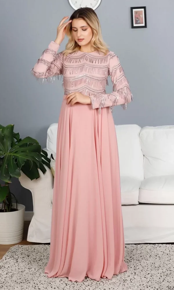 Payetli Abiye Elbise 718-Pudra