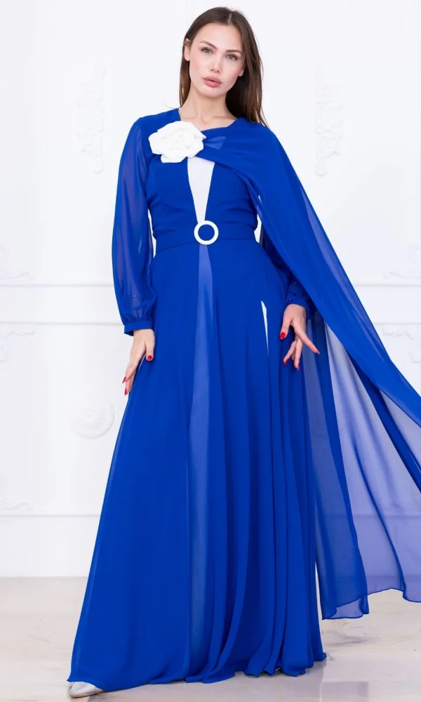 Pelerin ve Çiçek Detaylı Abiye Elbise 2746-Saks