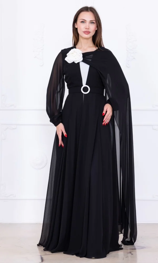 Pelerin ve Çiçek Detaylı Abiye Elbise 2746-Siyah