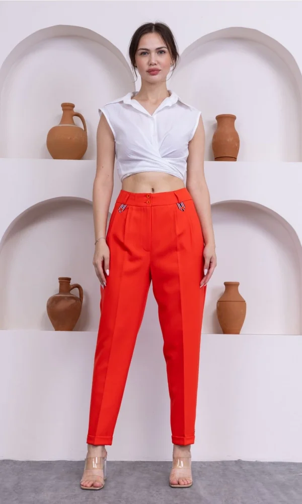 Pile Detaylı Duble Paça Kadın Kumaş Pantolon 324-Mercan