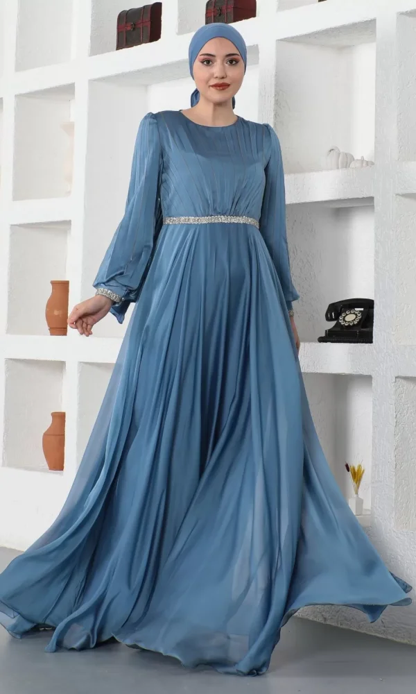 Pilise Detaylı Tesettür Abiye Elbise 753-İndigo