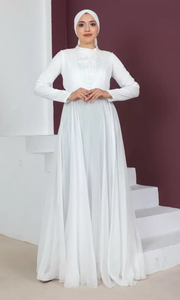 Plise Detaylı Boncuklu Tesettür Abiye Elbise 761-Beyaz