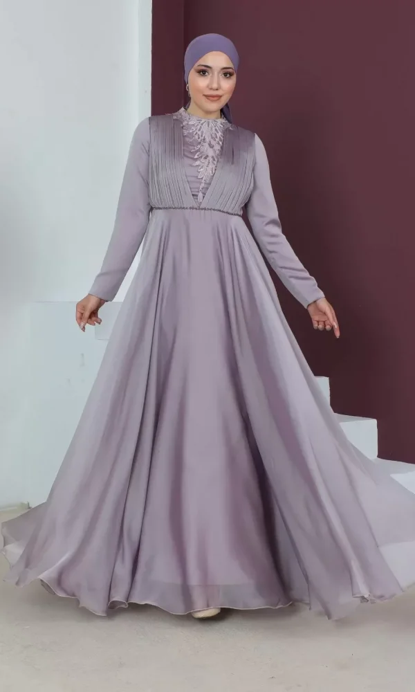 Plise Detaylı Boncuklu Tesettür Abiye Elbise 761-Gül Kurusu