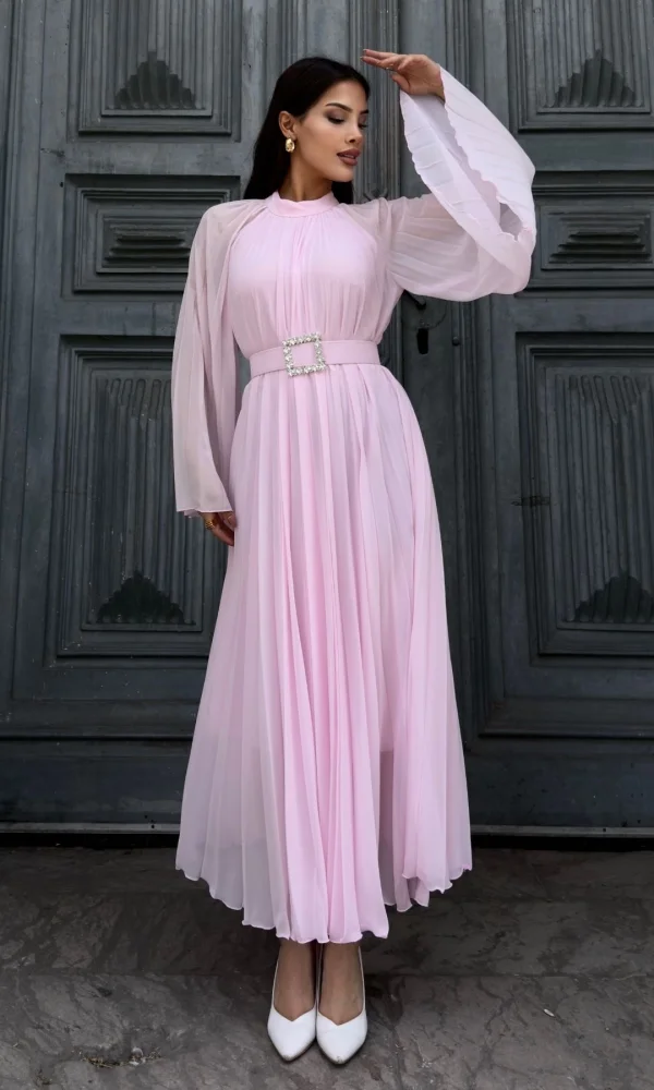 Plise Detaylı Kemerli Rahat Form Abiye Elbise 2183-Pembe