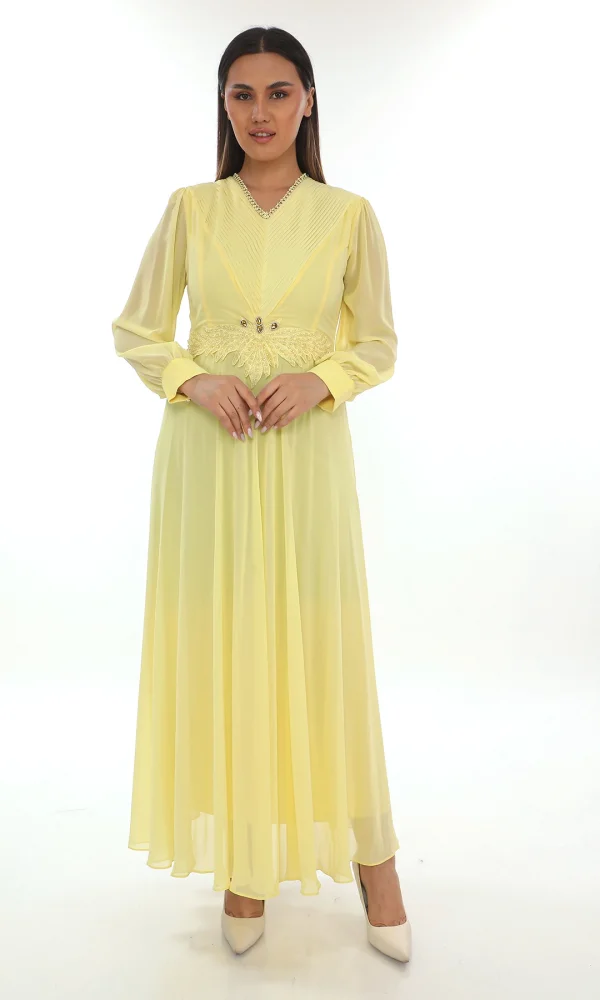 Plise Ve Boncuk Detaylı Büyük Beden Elbise 2213- Sarı