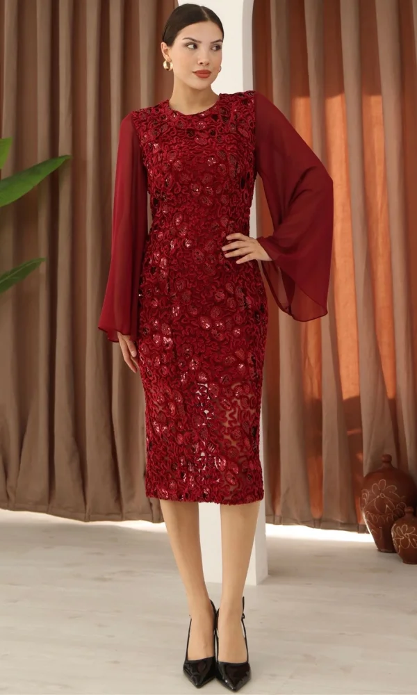 Pulpayet ve Şifon Kollu Kadife Midi Elbise 6045-Bordo