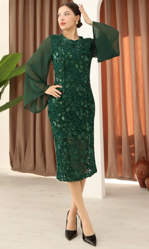 Pulpayet ve Şifon Kollu Kadife Midi Elbise 6045-Yeşil
