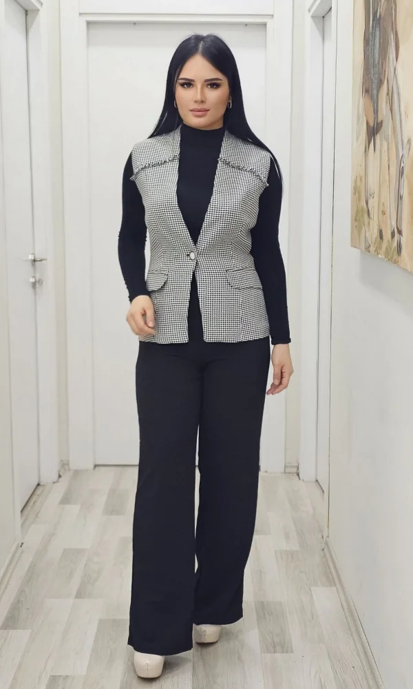 Püskül Detaylı Cepli Yelek 704-1-Siyah/Beyaz