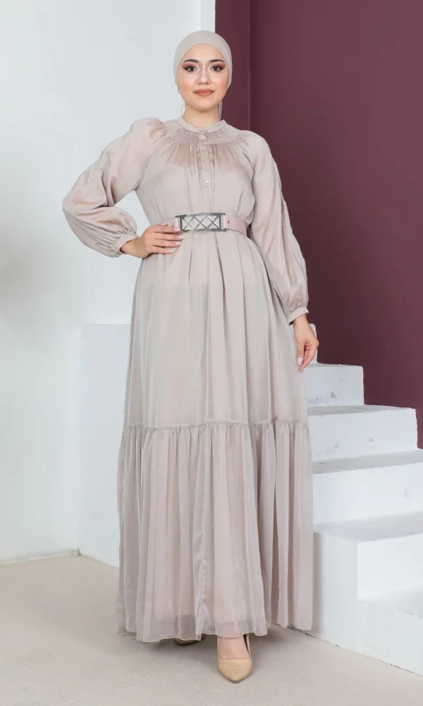 Rahat Form Kemerli Tesettür Abiye Elbise 746-Bej