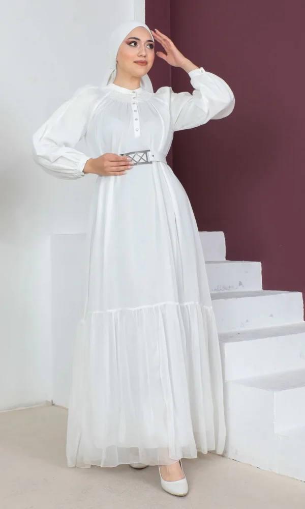 Rahat Form Kemerli Tesettür Abiye Elbise 746-Beyaz