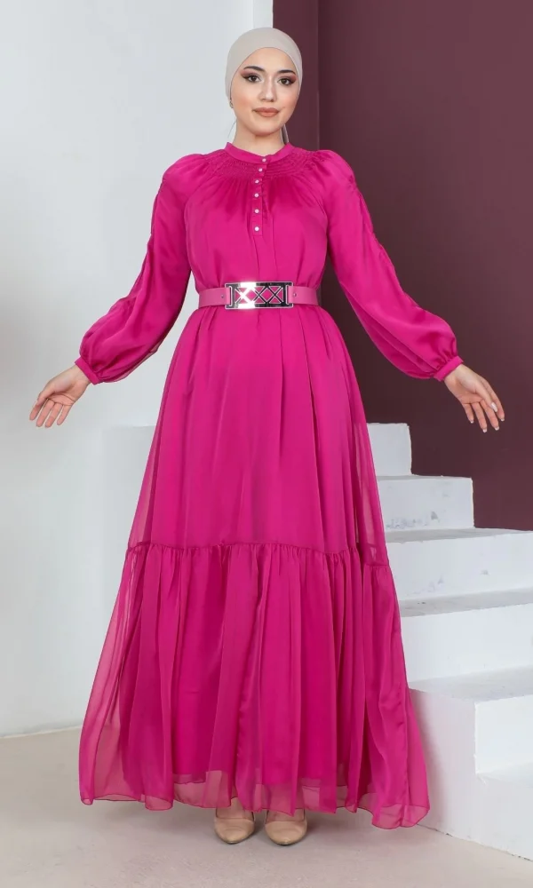 Rahat Form Kemerli Tesettür Abiye Elbise 746-Fuşya