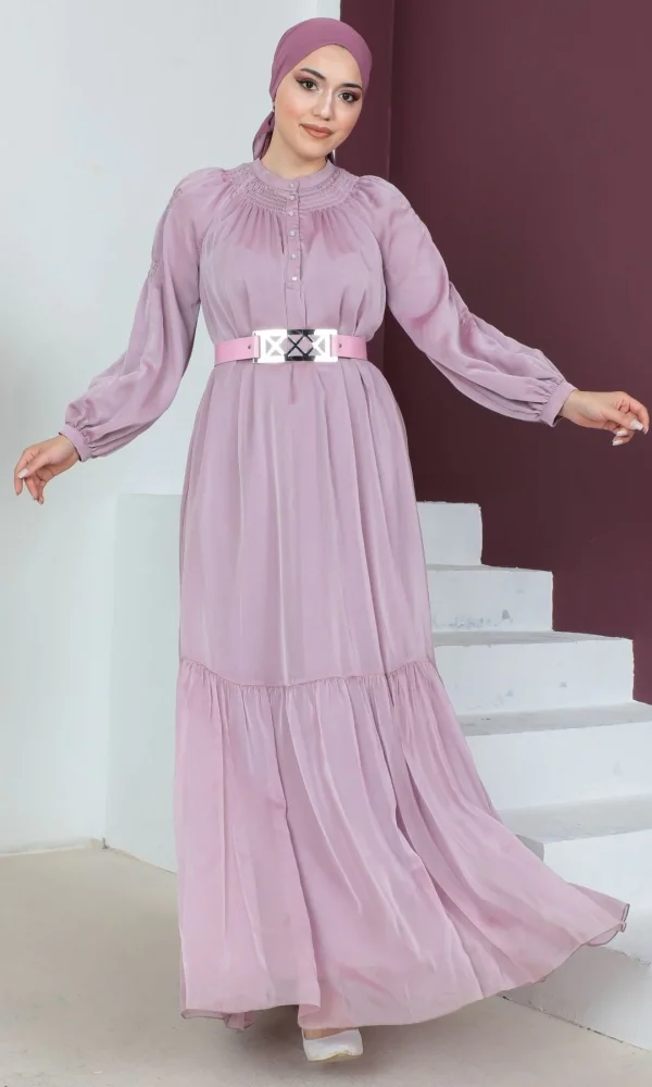 Rahat Form Kemerli Tesettür Abiye Elbise 746-Pudra