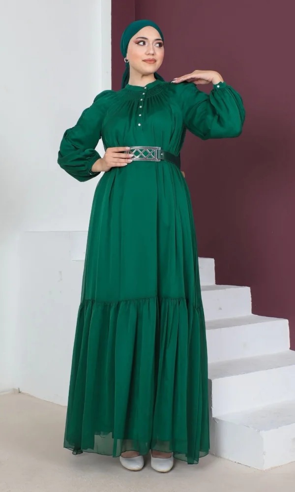 Rahat Form Kemerli Tesettür Abiye Elbise 746-Zümrüt Yeşili