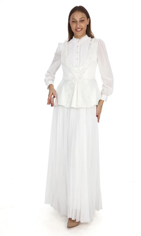 Saten Yelekli Dantel Detaylı Pliseli Abiye 2706-Beyaz