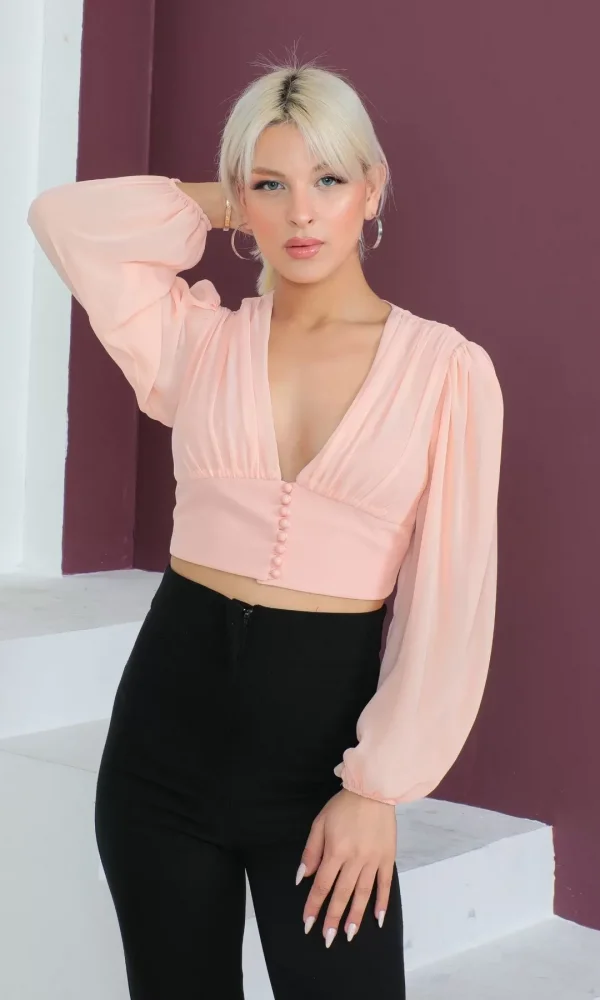 Şifon Crop Bluz 1766-Somon
