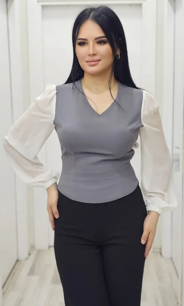 Şık V Yaka Crop Üst 6010-Gri