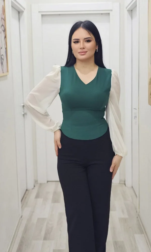 Şık V Yaka Crop Üst 6010-Yeşil