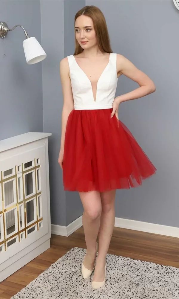 Sim Griterli Kısa Abiye Elbise 1763 Kırmızı/Beyaz